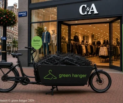 Lastenfahrrad mit Kleiderbügeln vor Modehaus