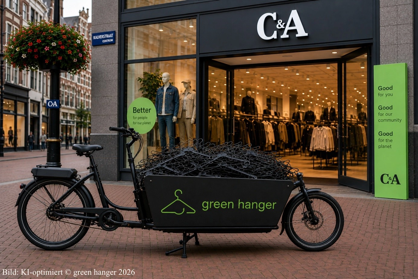 Lastenfahrrad mit Kleiderbügeln vor Modehaus